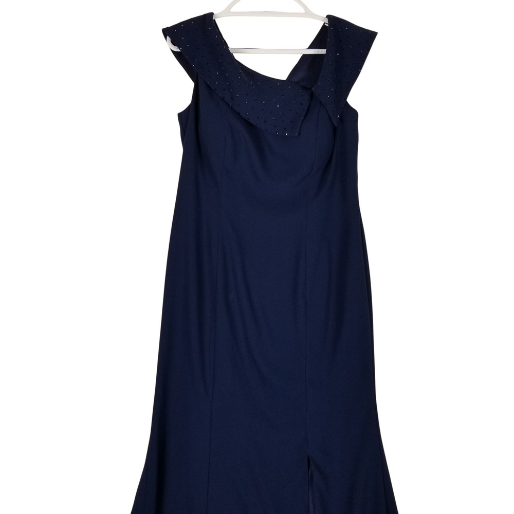 Jade Couture Gown Women 10 Navy Blue Rhinestone Portrait Collar Mermaid Formal